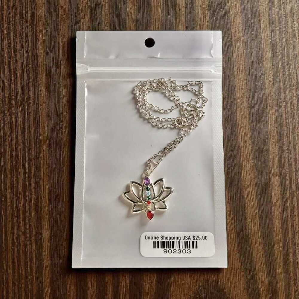 NEW Stunning Lotus Bloom Flower Silver Rainbow Chakra Pendant Necklace